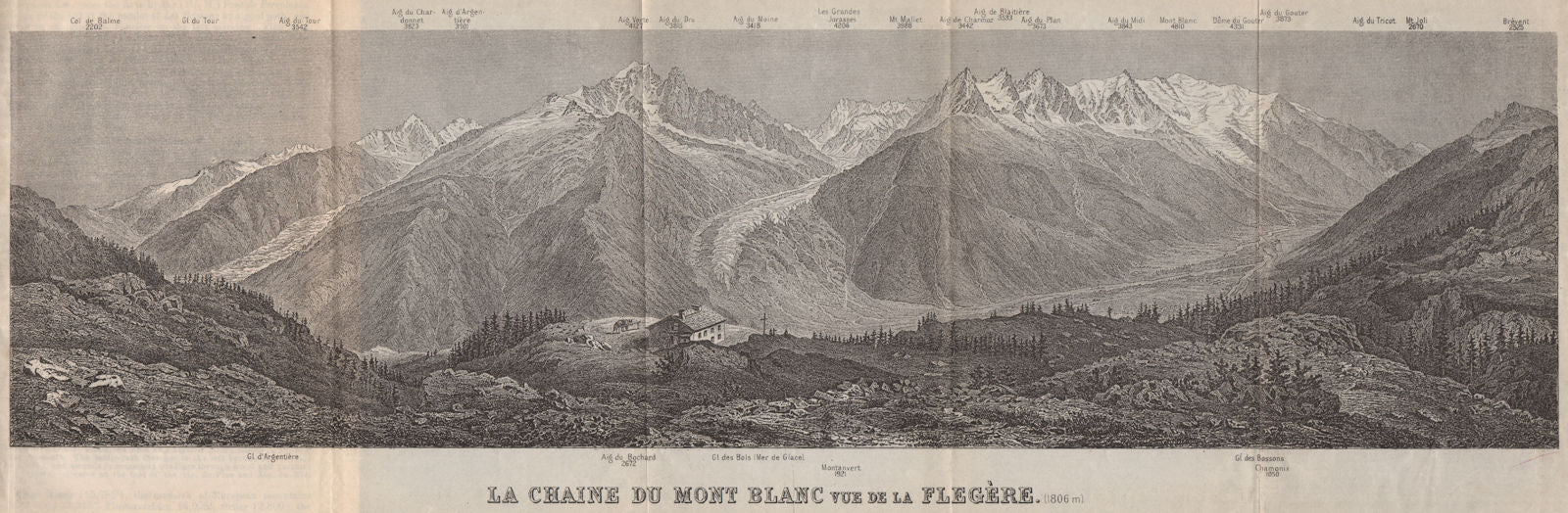 PANORAMA. MONT BLANC MASSIF from FLEGÈRE 1806m. Chamonix. Haute-Savoie 1897 map